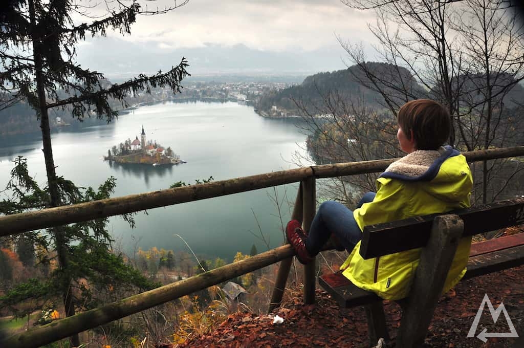 island on a small lake from a close viewpoint where one can hike up in Slovenia