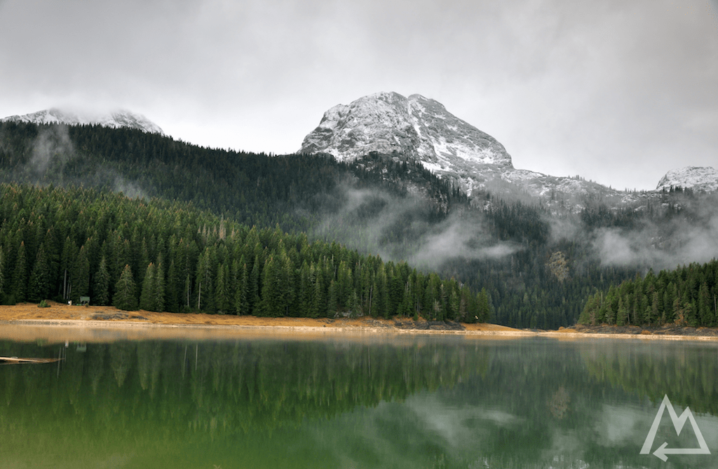 deep green lake surrounded by green fir trees in the highlands of Montenegro