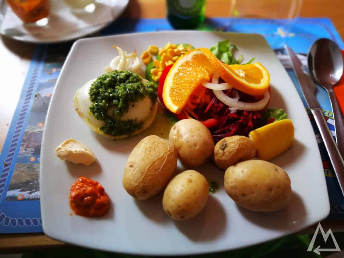 Traditional canary food (potatoes with mojo sauce and sea food), La Palma, Canary Islands, Spain